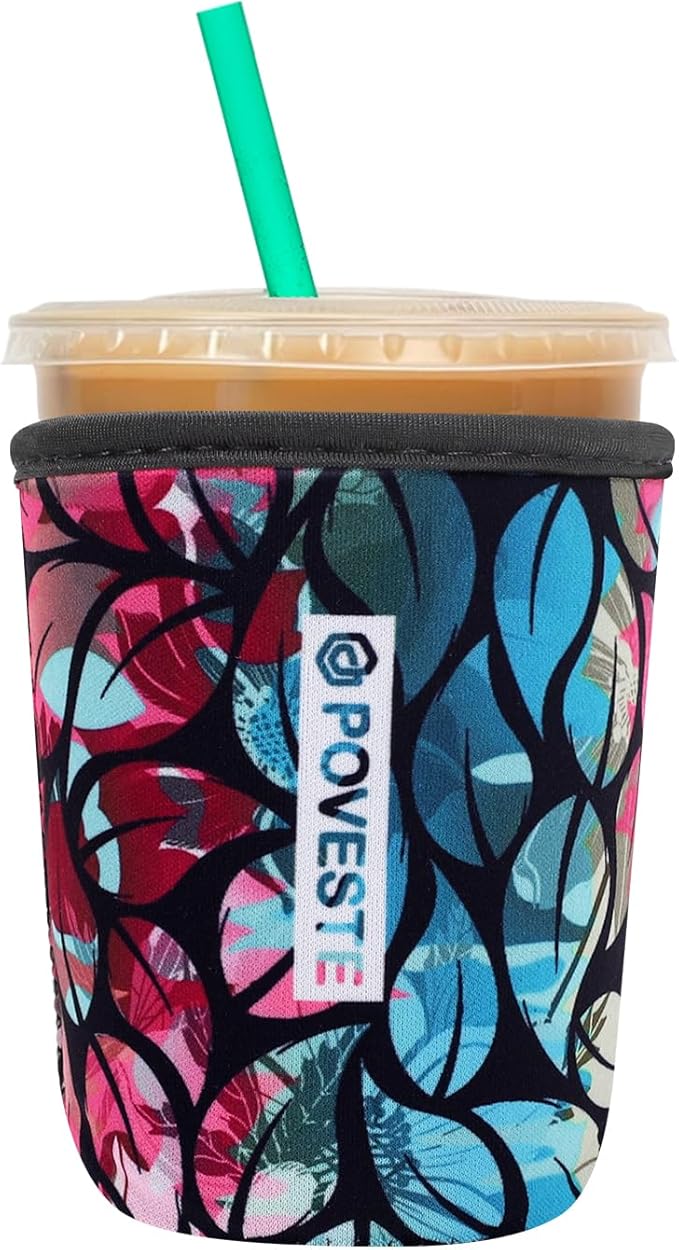 Reusable Neoprene Insulator Sleeve for Iced Coffee & Cold Soda, Coffee Sleeves for Iced & Hot Drinks, Cold Beverage Cooler Compatible with Starbucks, Dunkin (Blue&Pink Leave, Small: 16-18oz)