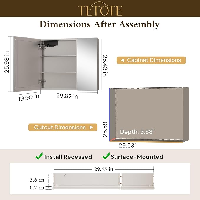 TETOTE 30 x 26 LED Lighted Medicine Cabinet with Mirror with Adjustable Shelves, Silver Aluminum Cabinet, Anti-Fog Stepless Dimmable 3 Colors White/Warm/Natural, Easy to Install(Wall Mount/Recessed)