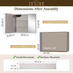 TETOTE 30 x 26 LED Lighted Medicine Cabinet with Mirror with Adjustable Shelves, Silver Aluminum Cabinet, Anti-Fog Stepless Dimmable 3 Colors White/Warm/Natural, Easy to Install(Wall Mount/Recessed)