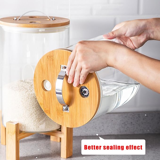 Glass Rice Dispenser 5L, Cereal Dispenser Countertop, Grain Dispenser/Food Storge Container for Kitchen and Pantry Organization, Cereal Dispenser with Bamboo Holder