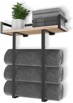 Towel Racks for Bathroom Wall Mounted, Metal Towel Holder with Wooden Shelf for Folding Large Towels, Towel Storage for Small Bathroom Organizer Decor or RV Camping