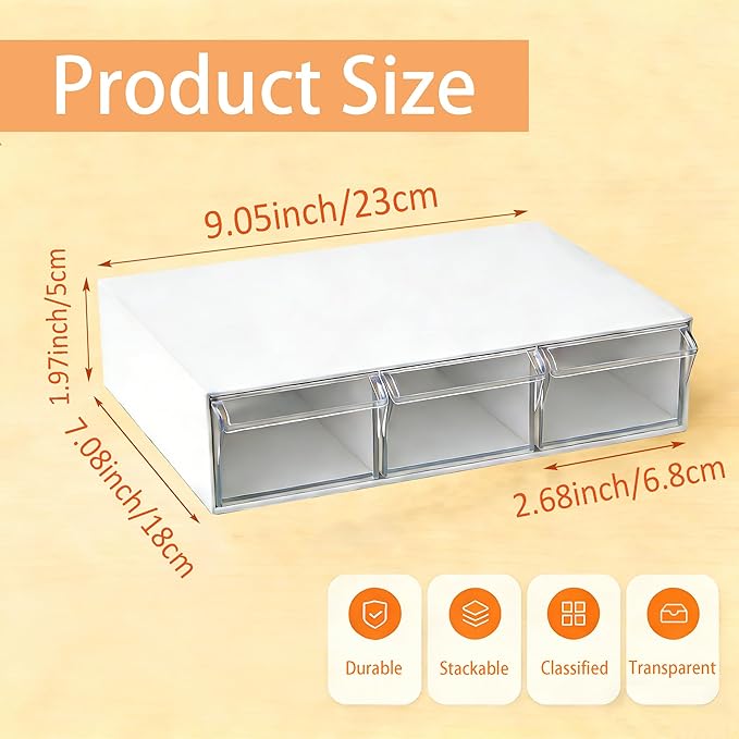 Small Stackable Drawer Organizer with 3 Drawer, Desktop Clear Storage Box for Stationary, Makeup, Jewelry, Office Craft Supplies