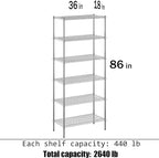 18" Deep x 36" Wide x 86" Height Wire Shelving Kit | 6-Tier | NSF Commercial Storage Rack Unit