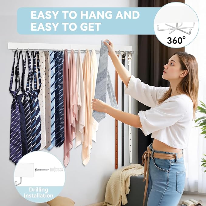 Tie Rack Wall Mount, Adhesive Wooden Closet Tie Hanger with 24 Metal Hooks, Large Capacity, 2 Installation Options, White, 2 Pcs
