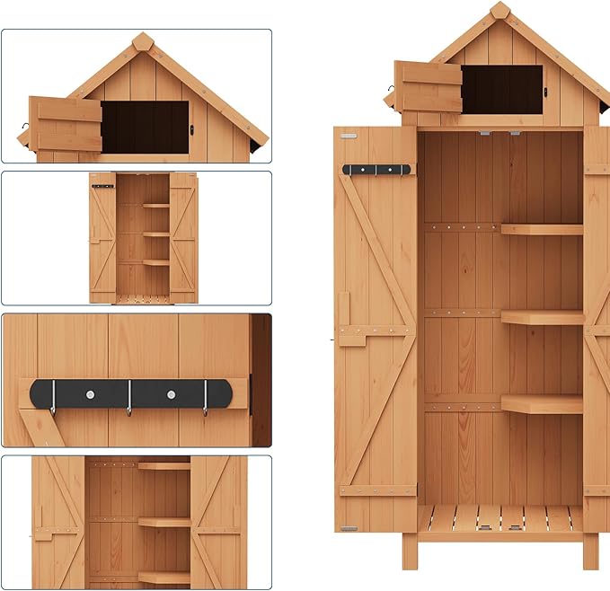 GarveeLife 70 in Outdoor Wooden Storage Shed Waterproof, Vertical Outdoor Storage Cabinet with 3 Shelves, Roof Storage & Lockable Door, Space-Saving Garden Tool Shed for Patio, Yard, Lawn