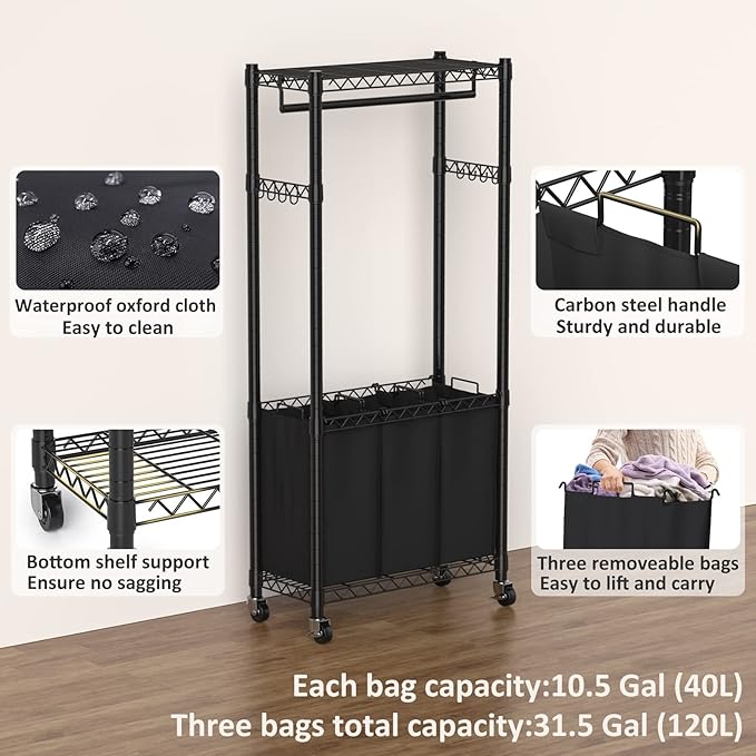 Rolling Laundry Basket Organizer with Wheels and Hanging Bar, Laundry Hamper Cart Laundry Sorter 3 Section, Dirty Clothes Hampers for Laundry Bedroom Bathroom w/ 3 Removable Bags, Black