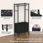 Rolling Laundry Basket Organizer with Wheels and Hanging Bar, Laundry Hamper Cart Laundry Sorter 3 Section, Dirty Clothes Hampers for Laundry Bedroom Bathroom w/ 3 Removable Bags, Black