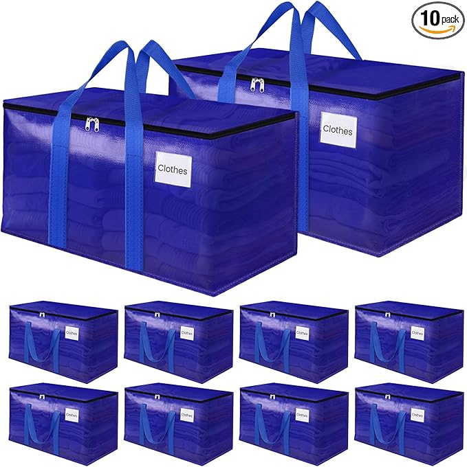 10Pack Moving Storage Bags, Moving Supplies Packing Boxes for Moving, Camping, College Dorm Room Essentials for Girls, Blue Tote Bags, 76L Heavy-Duty Storage Bins With Lids And Zippers