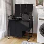 3-Compartment Laundry Cart with Lockable Wheels & Lid 180L Large Wheeled Laundry Basket Heavy-Duty Sorting Organizer for Laundry Room (Black)