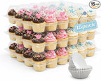 (24 Count x 15 Sets Plastic Cupcake Containers with Liners, Clear Cupcake Holder with Lids, Disposable Cupcake Carrier for Bakery, Cupcake Storage Box for Parties, Bake Sale Packaging