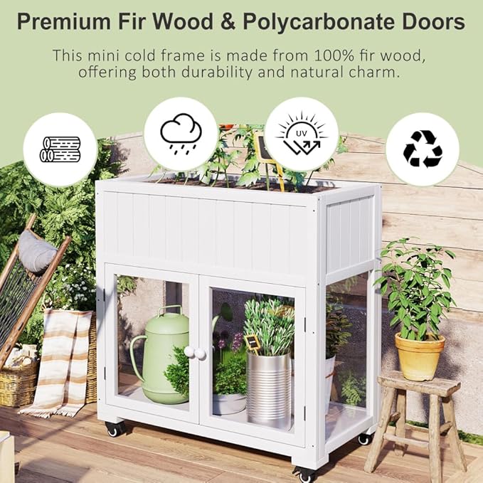 Patio 35.4''x17.7''x37.4'' Mini Wood Cold Frame, Compact 2 Doors Garden Greenhouse with Wheels, Raised Bed with Liner for Indoor Outdoor Use, White