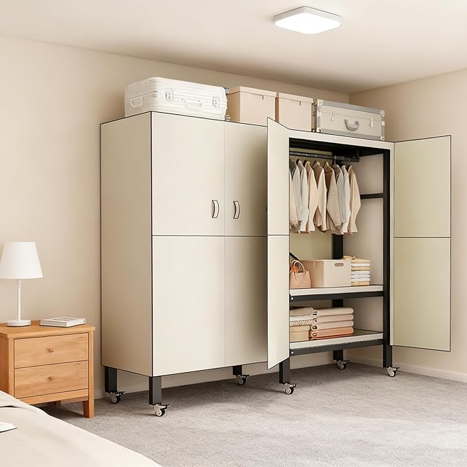 Heavy Duty Portable Closet with Cover Magnetic Doors, Metal Rolling Clothes Rack Heavy Duty 1500LBS, Foldable Clothing Rack, Garment Racks for Bedroom/ LivingRoom/ Rental (KT Off-white, 49.21in)