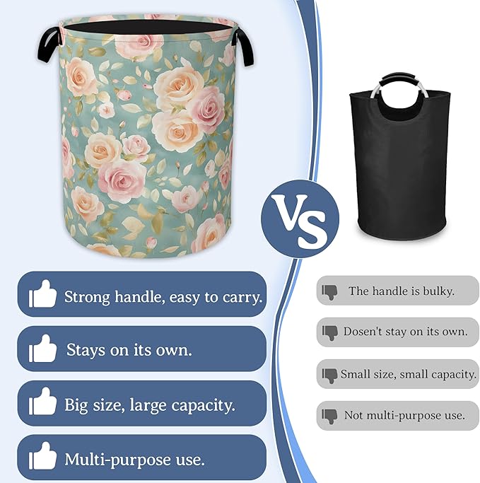 Vintage Pink Rose Laundry Basket,Foldable Waterproof Oxford Cloth Tote Bag Laundry Hamper with Handles,20.8"x16" Clothes Storage Bucket Organizer for Laundry Room, Bathroom, Bedroom