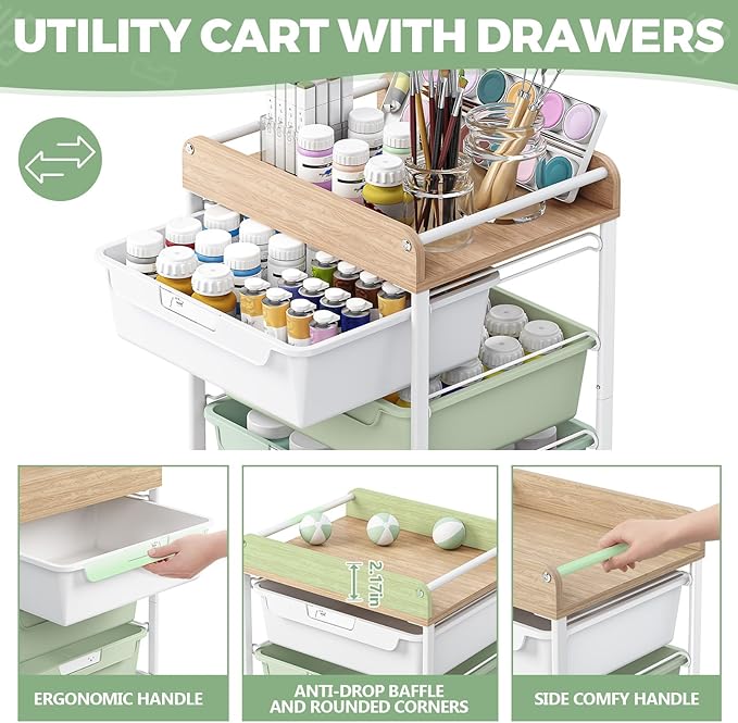 Utility Cart with Drawers,Craft Cart with 5 Drawers,Art Supply Organizer,Rolling Drawer Cart,Craft Storage Cart,Storage Drawer Carts With DIY Lable and Wooden Tabletop Area,Green