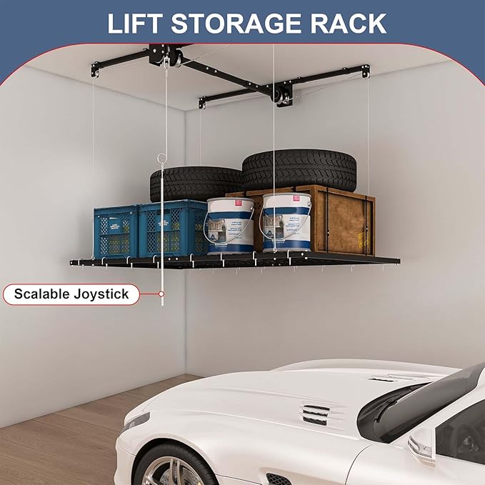 4x8 FT Overhead Garage Storage Rack for Ceilings, Heavy-Duty Metal Adjustable Ceiling Storage Racks with Safety Lock, 270LBS Mounted Rack, All-Steel Garage Organizer (4x8 FT)