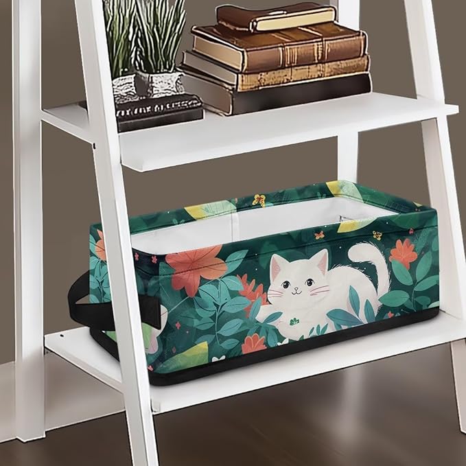 Small Bathroom Storage Basket Narrow Storage Bins Fabric Organizer Rectangular Bedroom Essentials Storage Container for Home Office Organization, White Cat Flower Green Leaves