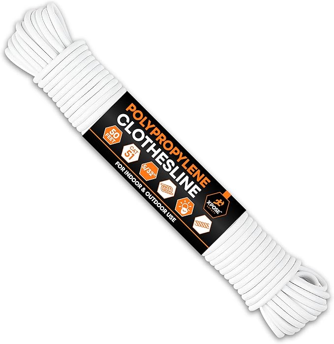 Plastic Clothesline - 50' Clothes Line - White Outdoor Weather Resistant - Synthetic Cord for Hanging and Drying Clothing & Laundry - Plastic Rope Clothes Line String for Pulley