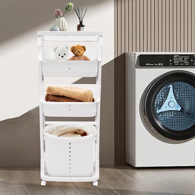 Rolling Laundry Hamper 4 Section Laundry Sorter Cart Vertical Laundry Basket Quad Laundry Sorter for Towels, Blankets & Bathroom Organization White