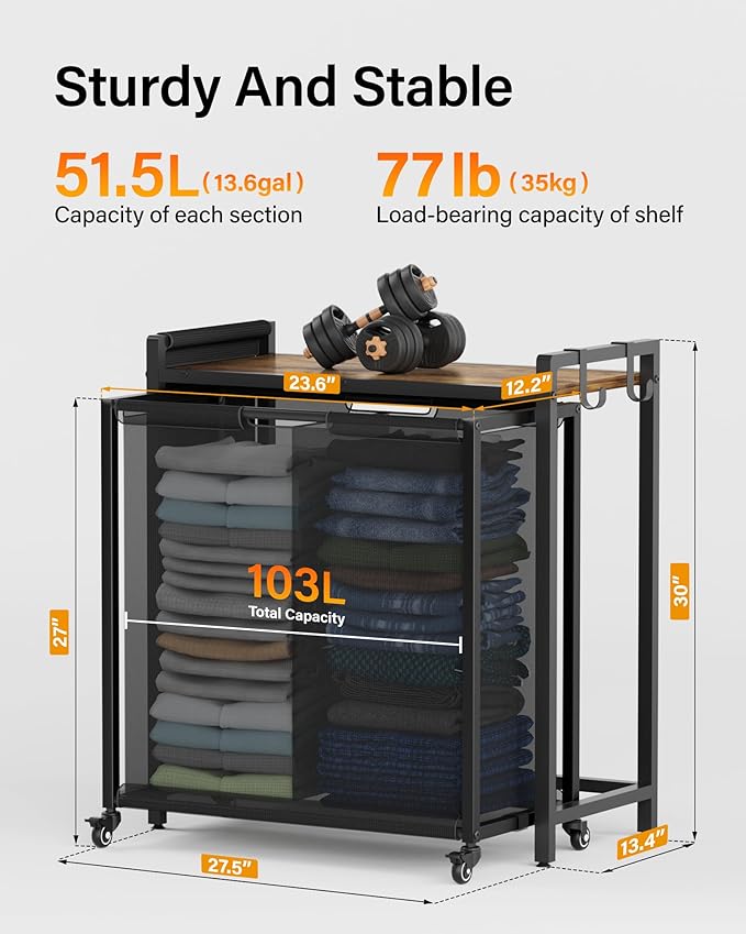 Laundry Hamper Sorter 2 Section 103L: Rolling Laundry Basket Organizer with Wheels & Shelf & Oxford Fabric Bags - Clothes Hamper with Shelf 2 Compartment for Room Organization and Storage