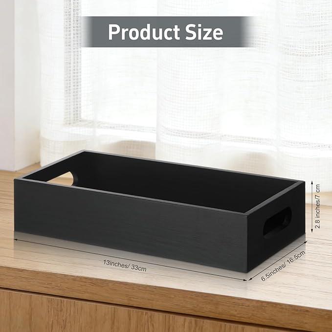 2 Pcs Bathroom Basket Wooden Toilet Tank Paper Basket with Handle Black Bathroom Decor Box Back of Toilet Storage Organizer for Bedroom Vanity Kitchen Countertop Dresser Shelf Decor
