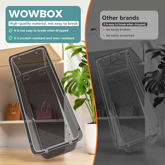 WOWBOX 44 PCS Clear Plastic Drawer Organizer Set, 4 Varied Size storage Bins and Desk Drawer Organizer tool Trays for Makeup, Gadgets, Jewelry and Utensils in Bathroom, Bedroom and Office, Clear Black