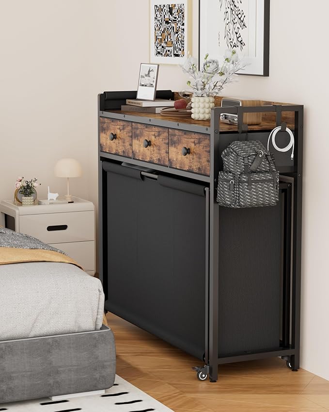 Laundry Sorter 3 Section: Laundry Hamper Basket with Shelf and Wheels - Rolling Laundry Basket Organizer with Drawers and Pull-Out Cart - Clothes Hamper for Living Room Bathroom Bedroom