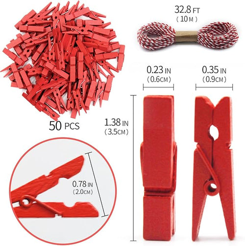 1.35 Inch Mini Clothes Pins100 PcsWith 32 Feet Jute Twine for Photo, Crafts, Pictures - Wooden Small Decorative Clothespins for Baby Shower (Red)