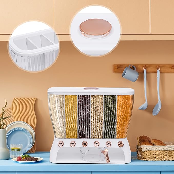 Dry Food Dispenser Wall Mounted 6 Grid Rice Dispenser Kitchen Storage