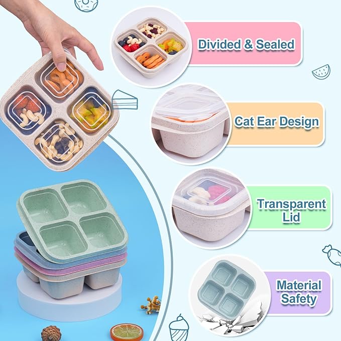 4 Pack Snack Containers, 4 Compartments Snackle Box Container, Meal Prep Reusable Lunchable Container for Adults, Microwave Dishwasher Safe, Food Storage Containers for Work Travel