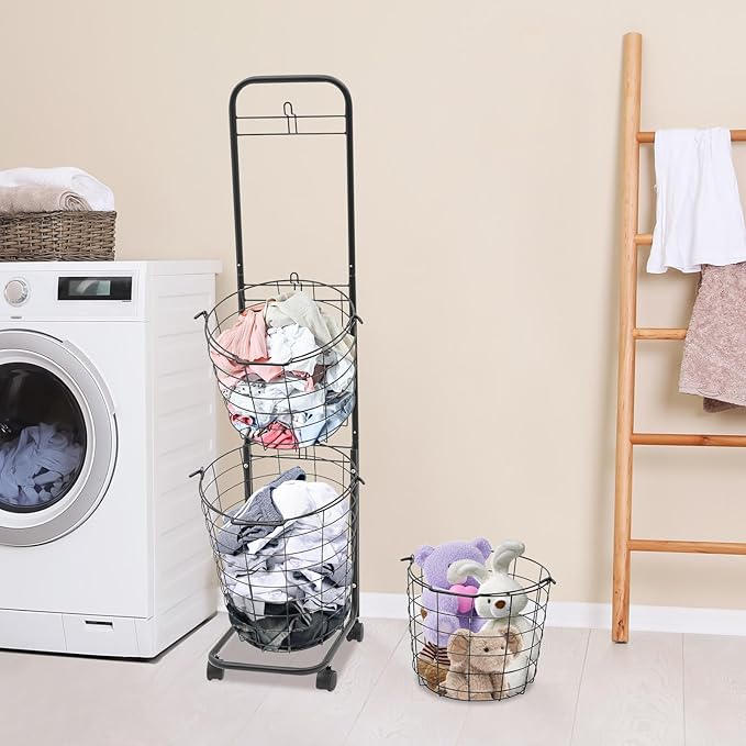 3 Tier Rolling Laundry Hamper with Removable Baskets,Foldable Metal Laundry Sorter Storage Trolley with Wheels,Ventilated Wire Basket Organizer for Bedroom,Bathroom,Kitchen,10.5 * 13 * 48.5inch