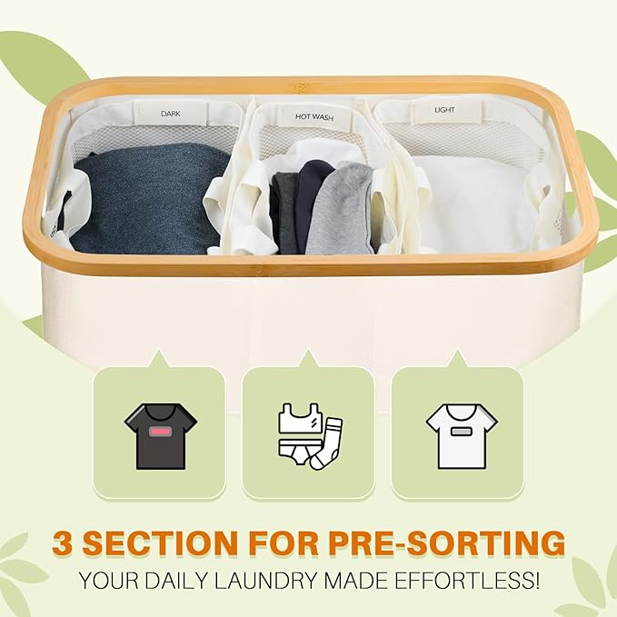 Laundry Hamper with Lid, 160L Dirty Clothes Hamper for Laundry Basket 3 Section, Extra Large Laundry Sorter Hamper 3 Compartment with Removable Inner Bags & Labels, Beige