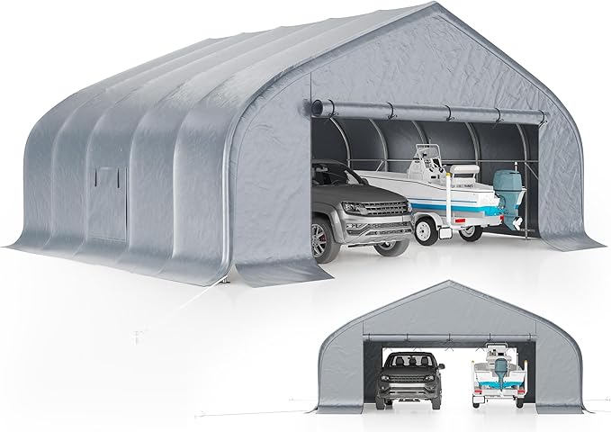 AMERLIFE 22.5 x 20 FT Enclosed Carport, Heavy Duty Garage with Waterproof Cover, UV Protection & Wind Resistant, Portable Carport for 2 Car, Boat Shelter & Farm Outdoor Storage, Silver