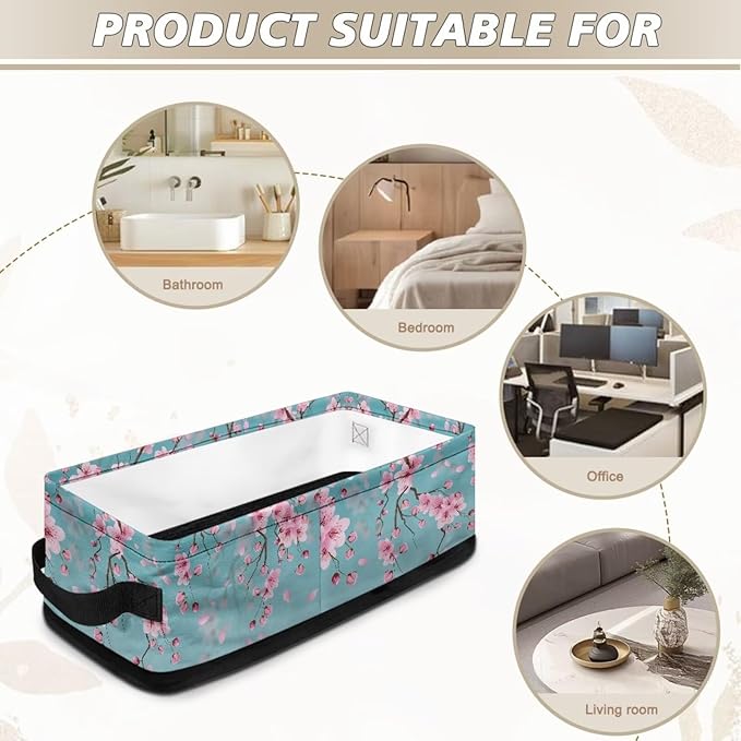 Storage Bins Elegant Towel Storage Baskets Lightweight Cosmetics Storage Basket with Handles Collapsible Organizer for Bathroom Office Bedroom Decor, Peach Blossom Light Teal