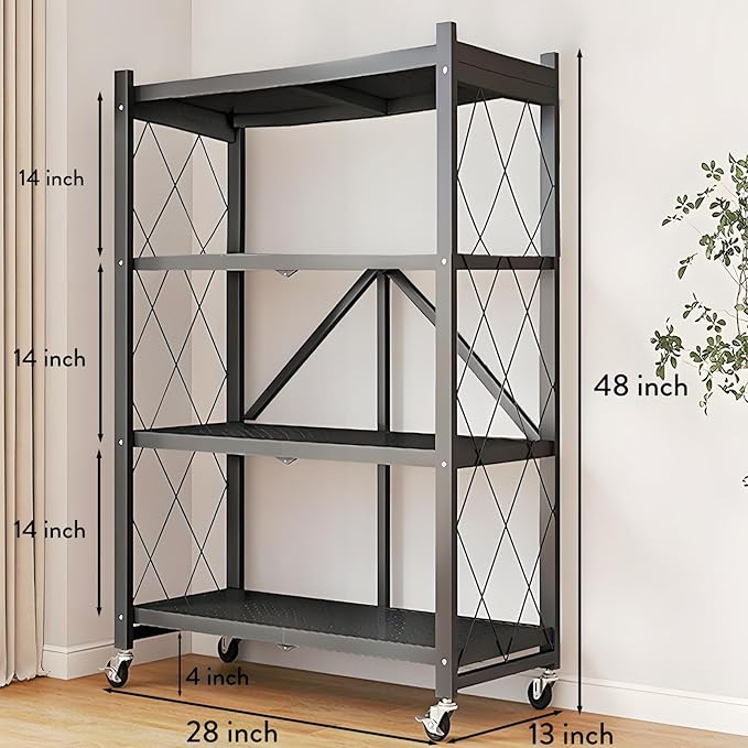 4-Tire Storage Shelves Organizer, Foldable Metal Garage Shelving, Portable Closet Shelving Unit, 28" x 13" x 48" Kitchen Bakers Rack Microwave Stand on Wheels (Tiered Shelf-4)