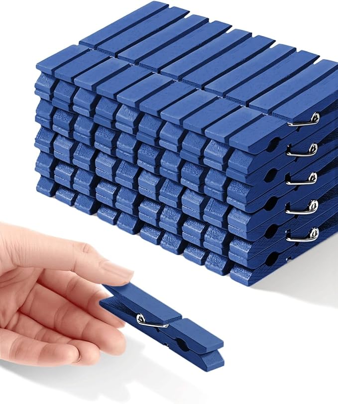 Blue Clothes Pins, Colored Wooden Clothespins for Baby Shower Game, Wreath, Crafts, Strong Grip Close Pins Birchwood Clips Clothespin Clothing Pegs for Hanging Clothing Photos, 2.83 Inch, Pack of 50
