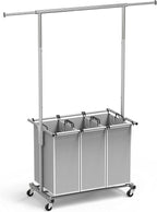 Simple Houseware 3 Bags Laundry Sorter with Extensible Clothes Hanging Rod