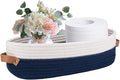1 Pack Small Woven Storage Basket for Toilet Tank Top, Bathroom Countertop Organizer Cotton Rope Toilet Paper Storage Decorative Basket 13"x6"x4"(Navy/White)