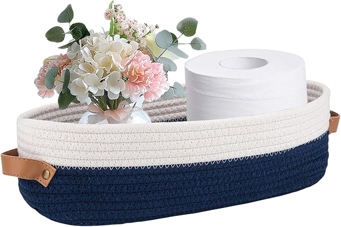 1 Pack Small Woven Storage Basket for Toilet Tank Top, Bathroom Countertop Organizer Cotton Rope Toilet Paper Storage Decorative Basket 13"x6"x4"(Navy/White)