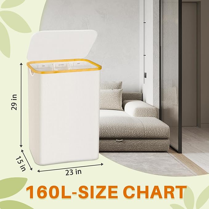 Laundry Hamper with Lid, 160L Dirty Clothes Hamper for Laundry Basket 3 Section, Extra Large Laundry Sorter Hamper 3 Compartment with Removable Inner Bags & Labels, Beige