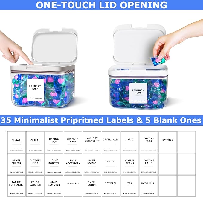2 Pack Laundry Pods Container and Dryer Sheet Holder for Laundry Room Organization, Laundry Pod Up Holder with 30 Labels and Scoops, Laundry Detergent Powder Container, Scent Booster Holder