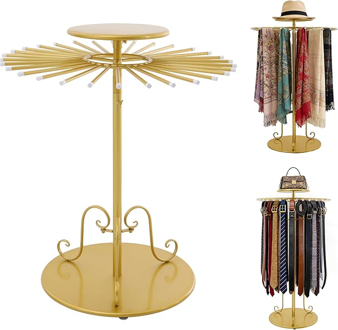 360° Rotating Gold Scarf Display Tie Rack Belt Hanger Holder Shawl Shelf, Adjustable Height Boutique Retail Display Stand Home Organizer for Commercial Clothing Store, Bedroom