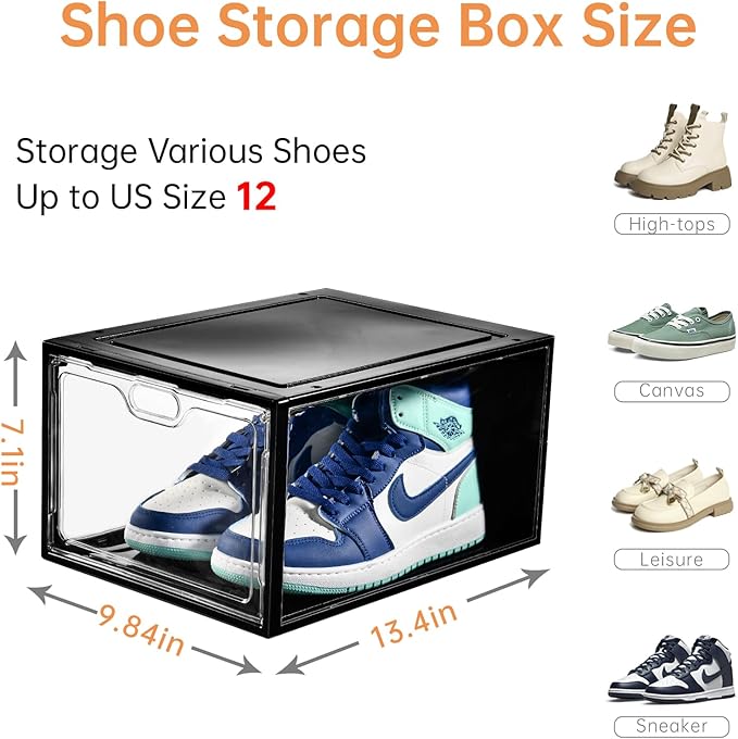 12 Pack Large Shoe Storage Box, Clear Shoe Storage Organizer with Magnetic Door, Stackable,Shoe Containers For Display Sneakers, Easy Assembly, Fit up to US Size 12, Transparent