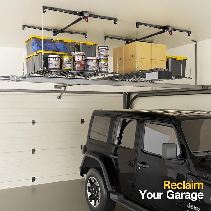 Overhead Garage Storage Rack for 12-14ft Ceiling, Heavy-duty 4x4 FT Garage Ceiling Storage Racks with Safety Lock, Ideal for Storage Mounted Lift System and Storage Organizer, 250lbs Capacity