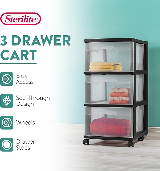 Sterilite 6 Pack Plastic Storage Organizer, 3 Drawer Rolling Bin Cart, Closet Organization, Black