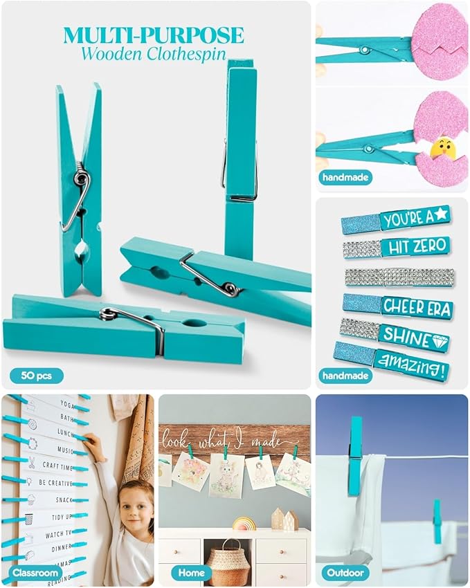 Colored Clothespins, Colorful Clothes Pins Wooden Clips Rainbow Colors 50 Pack Decorative Crafts Pegs Photos Pictures Decoration Clip Clothing Hanging Closepins, 2.9 Inch (Marine Aqua-Blue)