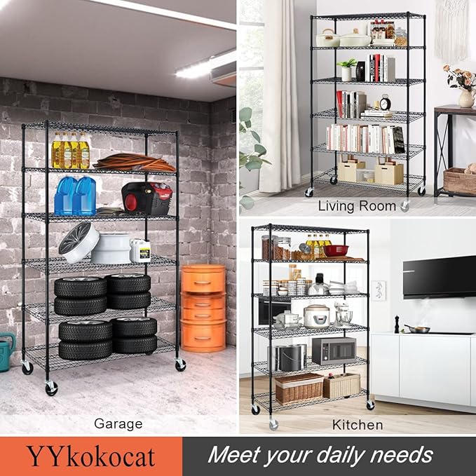 6000Lbs Capacity Heavy Duty Storage Shelves Commercial Wire Shelving Unit and Storage Adjustable NSF 6 Tier Metal Rack Shelf on Wheels for Garage Basement, 76 H x 48 L x 18 D - Black