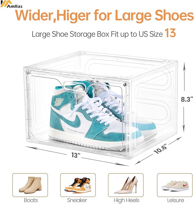 8 Pack Shoe Boxes Clear Plastic Stackable, Large Shoe Storage Organizer with Lids,Drop Side Shoe Containers for Entryway,Sneaker Storage Fit up to US Size 13 (13’’x 10.6”x 8.3”)