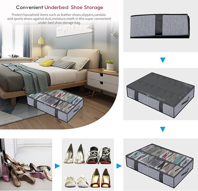 Onlyeasy Under Bed Shoe Storage Organizers for Kids and Adults Fit 14 Pairs of Shoes & 4 Pairs of Boots, Sturdy Underbed Organizer with 2 Strong Zippers and 4 Handles, Linen-like Grey, MXDUBS14S4