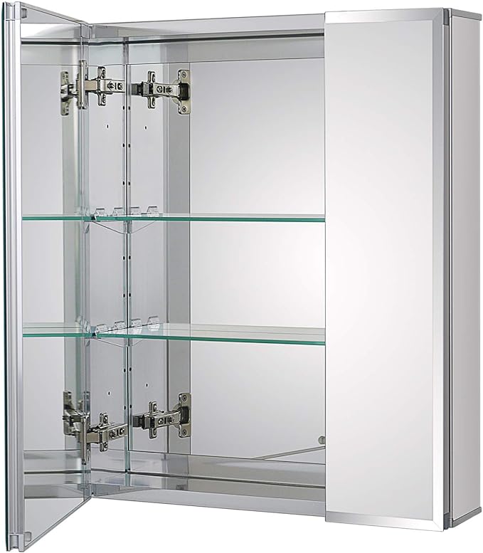 Fundin Bathroom Wall Mount Cabinet with Two Glass Shelves, 20 x 24 Inch Recess or Surface Mount Medicine Cabinet, Frameless Mirror Door Cabinet