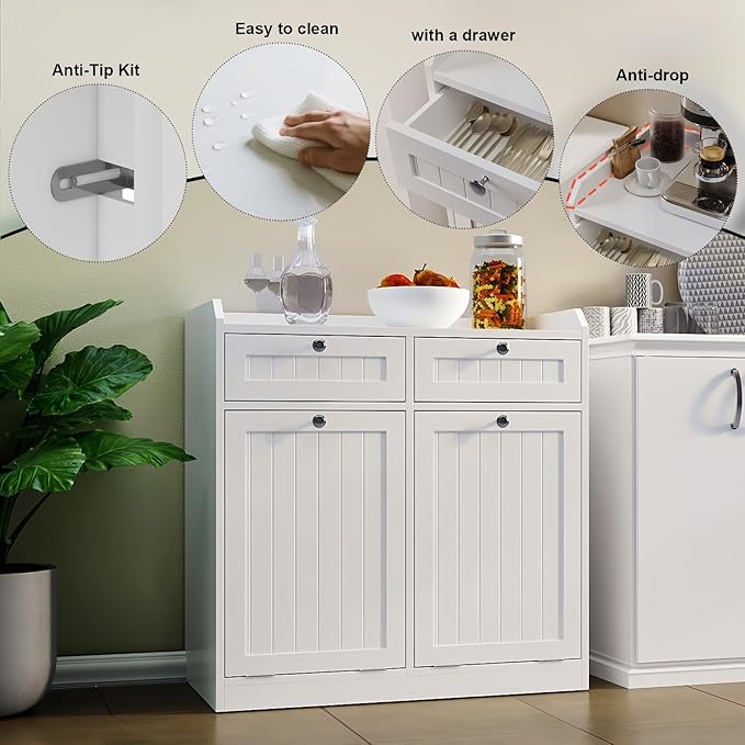 Double Tilt Out Trash Can Cabinet, Dog-Resistant, Fits 13.8"H Bins (Max 11.8"x11.8" Base), Includes Removable Fabric Hamper, Easy Assembly, White for Kitchen & Laundry